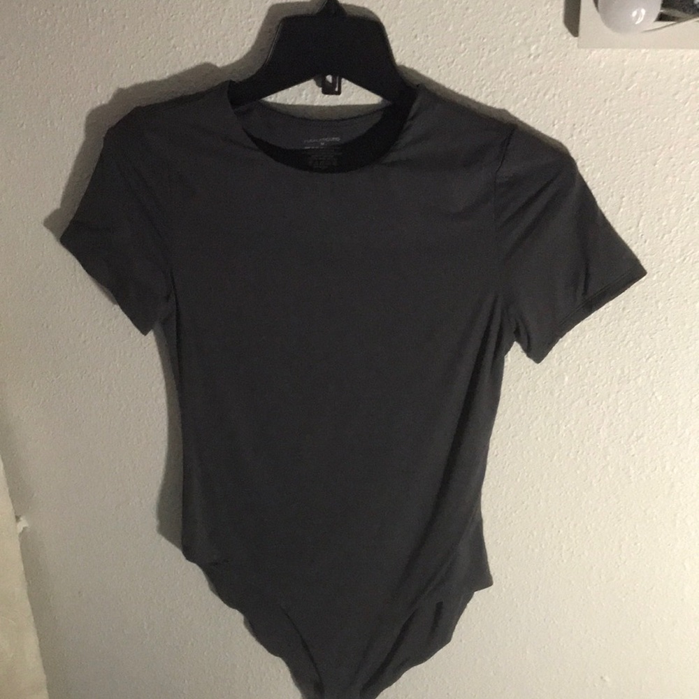 Charcoal Gray Fitted Bodysuit with Short Sleeves
